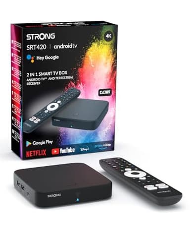 STRONG SRT420 TV Box Android TV 4K con Puerto Ethernet, DVB-T2, 2GB RAM + 16GB Almacenamiento, Chromecast Integrado, WiFi, Asistente De Voz Google, HDR10+, Dolby Audio Y Dolby Vision
