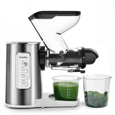 Fretta Exprimidor prensado en frío, extractor de frutas y verduras, cuerpo metálico de acero inoxidable, con función de masticación inversa, Canal de alimentación 76 mm，200W, sin BPA, fácil de limpiar