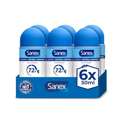 Sanex Dermo+ Extra Control Desodorante Antitranspirante Roll-On 72 Horas 6x50 ml– protección efectiva contra el sudor y el mal olor – dermatológicamente testado– contiene 0% alcohol*