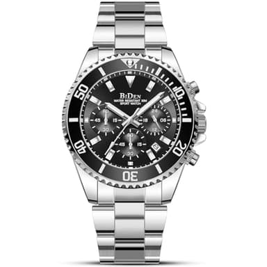 Relojes para Hombre cronógrafo de Acero Inoxidable Impermeable Fecha analógico, de Cuarzo, Negocios Casual Moda Relojes, Black AB, Pulsera