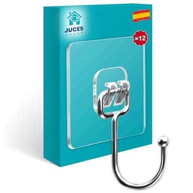 Juces Hogar® - 12 Ganchos Adhesivos para Pared de Acero inoxidable - Soporta Hasta 20kg - TAMAÑO GRANDE 7x7cm -