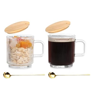 Anhow Juego de 2 Vasos de Vidrio, 350ml Tazas de Café de Cristal Taza de Desayuno, Diseño de Rayas Verticales, Tazas de Té Vintage para Leche, Café, Avena, Yogurt, Bebidas Calientes/Heladas