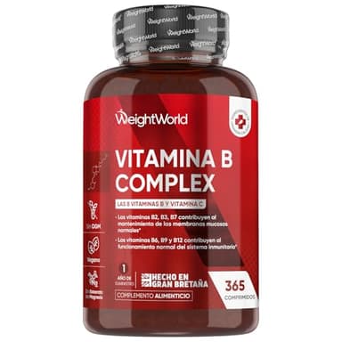 Vitamina B Complex con Vitamina C 365 Comprimidos Veganos Para 1 Año - Complejo B Completo con B1, B2, B3, B5, B6, B7 (Biotina), B9 (Ácido Fólico) y B12