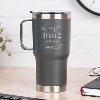 Wanapix | Taza Térmica Personalizada de Doble Capa | Capacidad 600 ml | Color Gris | Conserva Frío y Calor durante Horas | Grabado con Nombre y Textos | Regalos para Profesores | Profe Eres la Mejor