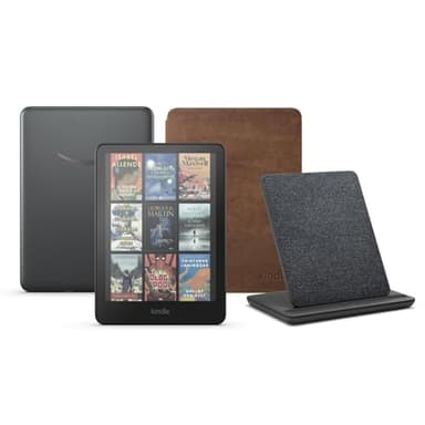 Kindle Colorsoft Signature Edition (32 GB) sin anuncios, una funda de cuero Amazon Premium y una base de carga inalámbrica Made for Amazon