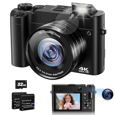 Cámara Digital 4K, 64MP Camara de Fotos, Cámara Compacta Camara Fotografica Selfie con Enfoque Automático, 16X Zoom, Flash, Tarjeta de Memoria 32G, 2 Baterías para Principiantes