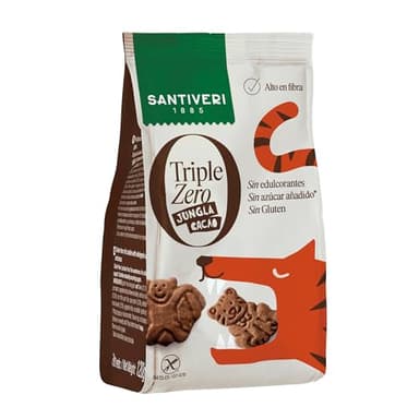 SANTIVERI - Galletas Jungla Cacao Triple Zero, Galletas Crujientes con Avena Integral y Proteína de Guisante, Altas en Fibra, Sin Edulcorantes, Sin Azúcar Ni Gluten, Ideal para Niños Vegano - 120 g