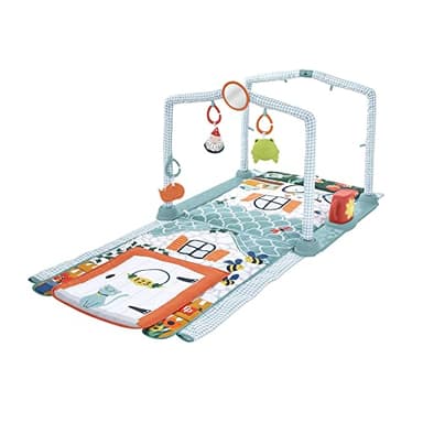 Fisher-Price Gimnasio casita de campo 2 en 1 Alfombra de actividades, manta se convierte en cabaña, juguete con luces y sonidos, regalo para bebé recién nacido (Mattel HJK45)