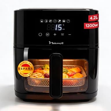 NARVI - Freidora de Aire 4,2L 1200W con Ventana Visible – Air Fryer Digital Táctil, 7 Menús Automáticos, Cocción 360°, 80–200°C, Air fryer 4,2L Sin BPA ni PFOA, Apta Lavavajillas