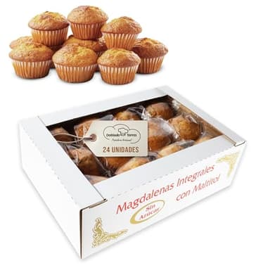 Doblado Torres Magdalenas Integral Sin Azúcar - Magdalenas Caseras con Huevos Frescos. Bollería Sin Azúcar. Ideal para un Desayuno Saludable. Envasadas Individualmente 24 unidades