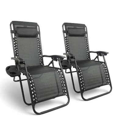 Pincho Tumbona Jardin Exterior Plegable de Gravedad Cero - Pack 2 Sillas Reclinables o Hamacas para Playa, Terraza y Camping con Portavasos, Ligeras y Cómodas (Negro)