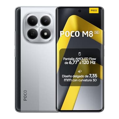 XIAOMI POCO M8 5G - Smartphone de 8+512GB, Pantalla de 6,77" 120Hz Flow AMOLED, Snapdragon 6 Gen 3, cámara Dual de 50MP IA, Carga Turbo de 45W, Cargador no Incluido, Plata (Versión ES)