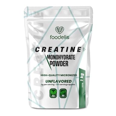 Foodelis Creatina Monohidratada en Polvo 1 kg / 333 Dosis - 100% Creatina Monohidrato Micronizada - Sin Sabor - Pura y Sin Aditivos - No-GMO - Alta Solubilidad - Incluye Dosificador