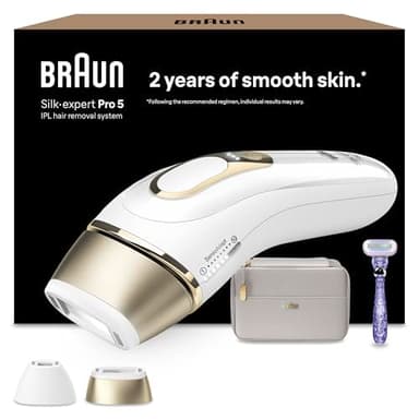 Braun Luz Pulsada Silk-expert Pro 5 Alternativa a Depiladora Laser, Depiladora IPL Mujer/Hombre Con Funda, Cabezal De Precisión y Maquinilla de Afeitar Venus, PL 5157, Blanca/Dorada