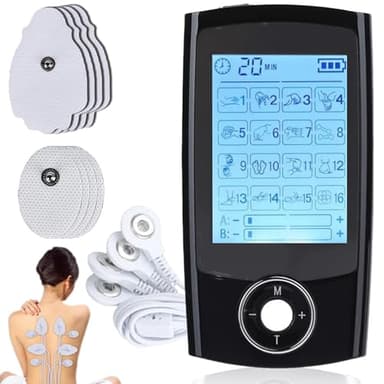 GOMETY TENS Dispositivo de 16 modos, dispositivo de alimentación recargable contra el dolor, 16 programas de entrenamiento, 20 niveles de intensidad, 2 canales, almohadillas electrodos premium - negro
