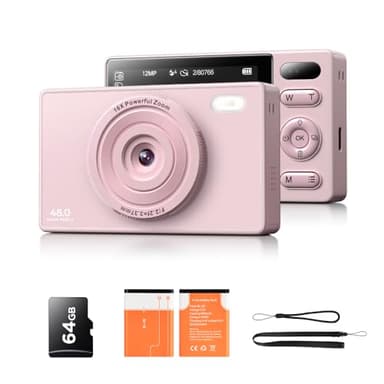 Camara de Fotos Digital con Tarjeta 64GB: 48MP Camara Compacta 16X Zoom 1080P Videocamara Enfoque AutomáTico Vlog Camera Rosa con 2 BateríAs para Principiantes NiñOs Adultos