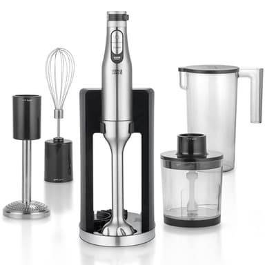LEBENLANG Premium Set Batidora mano 1200w - Incl. 5x accesorios & protector contra salpicaduras I Infinitamente ajustable & turbo I Trituradora de alimentos Minipimer Blender Batidoras brazo Mixer