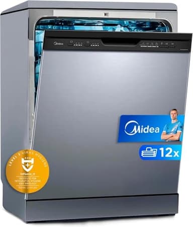 Midea Lavavajillas 60 cm+++ Inox para 12 servicios - Lavaplatos Libre Instalación con 4 Programas, Silencioso 49dB, Filtro Antibacterias, Modo ECO, Lavado Rápido, Función de Media Carga, Sanitización+