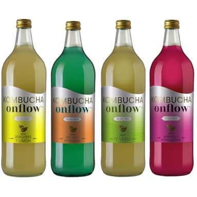 Kombucha Natural Onflow, Té Kombucha Sin Azúcar, Sabores: Jenjibre-Limón, Té Verde, Mango-Remolacha, Melón-Espirulina, Pack 4 Botellas x 1L