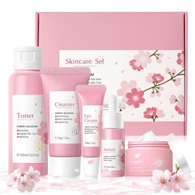 Set de Cuidado Facial Sakura, Set de Cuidado de la Piel Sakura , Cuidado Facial Mujer con Limpiador, Tónico, Esencia, Crema de Esencia y Crema Ojos para Nutre e Hidrata el Rostro -5 Piezas