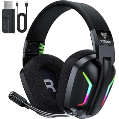 WESEARY WG1 Cascos Gaming Inalambricos, Auriculares Gaming Inalambricos para PS5, PS4, PC, Switch, Sonido Estéreo Cascos con Microfono, Cascos con Luz LED, Duración 50Hr+