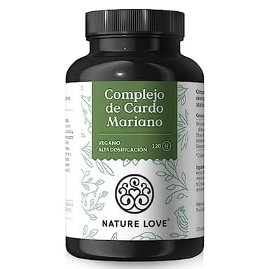 NATURE LOVE® Complejo de cardo mariano alcachofa, diente de león y desmodium - 120 cápsulas - Dosificación alta con 80% de silimarina - Probado en laboratorio, vegano, producido en Alemania.