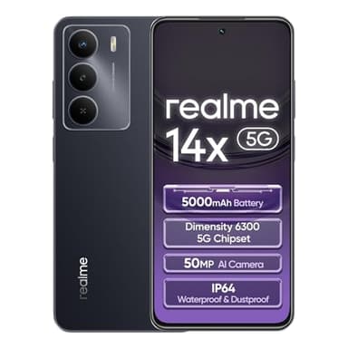 realme 14x 5G Smartphone 8+256GB, Negro Carbón, Pantalla de 6.67 Pulgadas, Refresco de 120Hz, Batería de 5000mAh, Cámara AI de 50MP, MediaTek Dimensity 6300, Protección ArmorShell, IP64