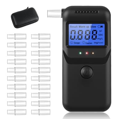 Vuxava Alcoholímetro Digital Homologado por la DGT con Pantalla LCD y 20 Boquillas – Preciso y Reutilizable, con Estuche Portátil de Fibra de Carbono, Ideal para Casa y Coche