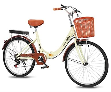 Bicicleta plegable de 24 pulgadas para mujer bicicleta de carretera de la ciudad,marco de acero,ligero,cómodo,asiento ajustable,luz trasera y cesta+campana adecuada para adultos y adolescentes/crema