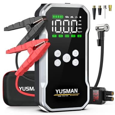 YUSMAN Arrancador de Baterias de Coche con Compresor de Aire, 12V 6000A Arrancador Coche Portatil con Inflador de 150 PSI (para 10L Gasolina o 8L Diesel), Linterna LED de Emergencia