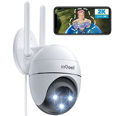 ieGeek 2K Camara Vigilancia WiFi Exterior con Eléctrico, PTZ 355°, Detección de Humano, Seguimiento Automático, Visión Nocturna Color, Alarma de Luz y Sonido, Grabación Continua, Compatible Alexa