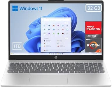 HP 15-fc0243ns - Ordenador portátil de 15.6" FHD AMD Ryzen 7-7730U, 32 GB RAM, 1000 GB SSD, AMD Radeon Graphics, Windows 11, Copilot+PC Plata - Teclado QWERTY Español, 32GB, 1000GB