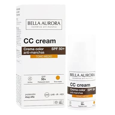 Bella Aurora CC Cream Antimanchas SPF 50+ Tono Medio 30 ml – Protector Solar Facial con Color – Unifica el Tono, Corrige Manchas y Protege la Piel – Todo Tipo de Piel