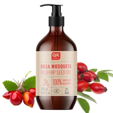 QKnatur - Aceite de Rosa Mosqueta Orgánico - 250 ml - para Cicatrices y Estrías - Para cara y cuerpo - Antiarrugas y Antiedad- BIO y Vegano - Prensado en Frío