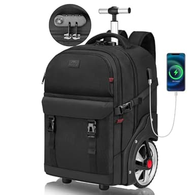 MATEIN Mochila con Rueda Adulto, Mochila Grande 50L Antirrobo Impermeable Hombre con Ruedas Ocultables Puerto de Carga USB y Compartimento Portatil 17 Pulgadas para Viaje, Trabajo, Universidad, Negro