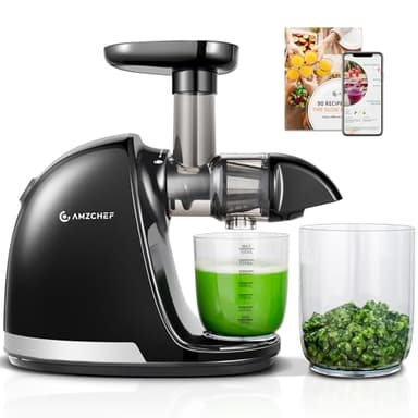 AMZCHEF Licuadora prensado en frío - Extractor de zumos y verduras - Licuadoras para zumos con 2 depósitos y cepillo - Cold press slow juicer machine con función de masticación inversa - Negro
