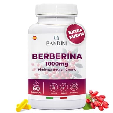 Bandini® Berberina 1000 mg Pura - Con Cromo y Pimienta Negra para una mejor absorción - El mejor extracto concentrado de Berberis Vulgaris - Control de la glucosa y triglicéridos - 60 cápsulas veganas