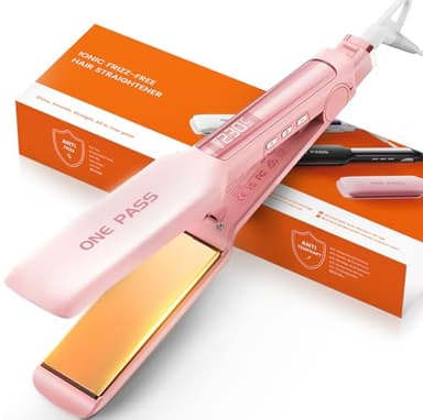 Faszin Plancha de Pelo con Placa de 42 mm de Ancho, Plancha de Titanio con Iones Negativos, Pantalla LED, Calentamiento Rápido de 30 s, Temperatura Ajustable de 11 Niveles (130-230 ℃) - Rosado