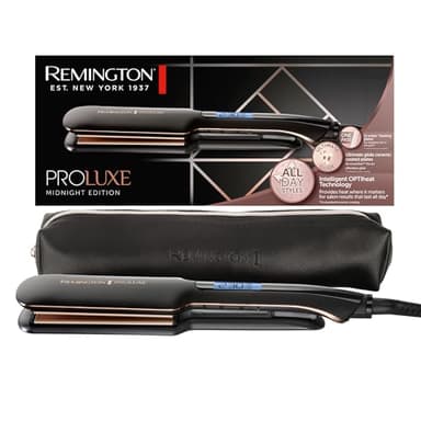 Remington Plancha de Pelo ProLuxe Midnight placas anchas - Tecnología OPTIHeat, Placas Flotantes Extralargas, Resultados Profesionales, Cerámica, Ajuste Pro+, Digital - S9150B, Negro, placas anchas
