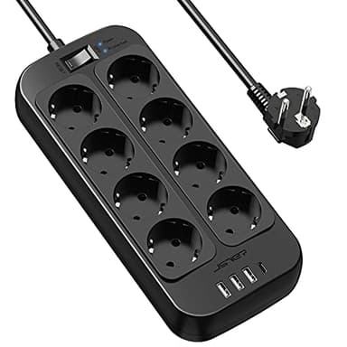JSVER Regleta Enchufes USB, Proteccion Sobretension con 8 Toma de Corriente y 4 Puertos(5V3,4A) Estación de Carga Inteligente Tomas Alargadora con Cable 1.8m-Negro