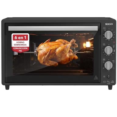 Sogo Horno Sobremesa de Convección 70L - Horno Eléctrico con Rustidor para Asados Jugosos - Horno Multifunción con Gratinador para Recetas Crocantes - Ideal para Cualquier Plato