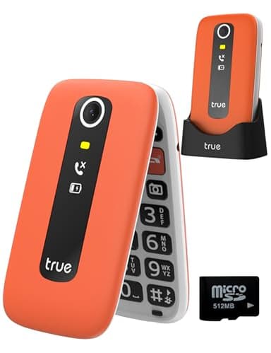 TRUE S70 Teléfono Móvil para Mayores con Tapa 2G, Pantalla de 2,8", Volumen Alto, Teclas Grandes, Alarma de Caída, Botón SOS, Cámara, Podómetro, Estación de Carga, Tarjeta microSD de 512MB, Naranja