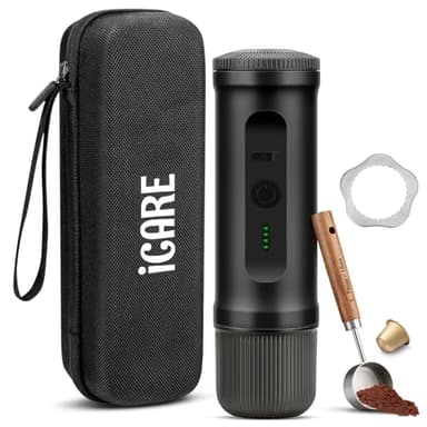 ICARE Cafetera Portátil, Compatible con Cápsulas NS y Café Molido, Calefacción Integrada, Carga Rápida USB-C, Indicador de Batería, Ideal para Acampadas, Senderismo, Viajes y Autocaravanas (Negro)