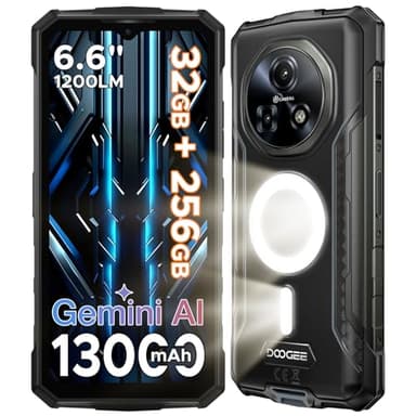 DOOGEE Fire 5 Ultra Telefono Movil Irrompible, 32GB+256GB/2TB 1200LM Móvil Resistente, MTK G81, 13000mAh 6.6" Teléfono Android 15, Linterna para Camping/48MP/4G Dual SIM/Huella&Face ID/NFC Smartphone