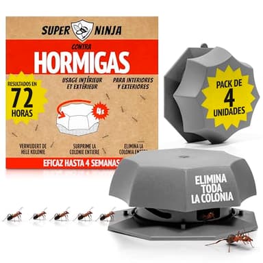 Super Ninja Trampa para Hormigas - Pack de 4 con Cebo Antihormigas para Interiores y Exteriores, Elimina la Colonia y la Reina, Rápido, Eficaz y Listo para Usar.