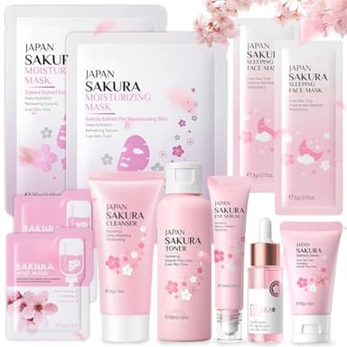 Set de Cuidado Facial Sakura 11 Piezas, Set de Cuidado Diario de la Piel con Limpiador, Tónico, Limpieza y Cuidado Facial, Hidratación y Antienvejecimiento, para Adolescentes y Mujeres