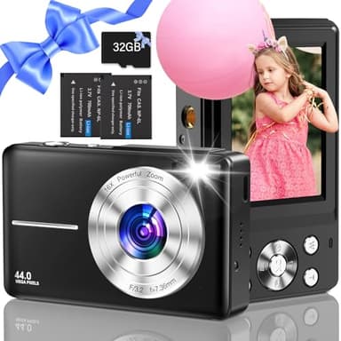 Cámara Digital con Tarjeta de 32 GB, 1080P 44 MP Cámara Digital con Zoom Digital 16X, Flash y 2 baterías para niños, Adultos y Principiantes (Negro)