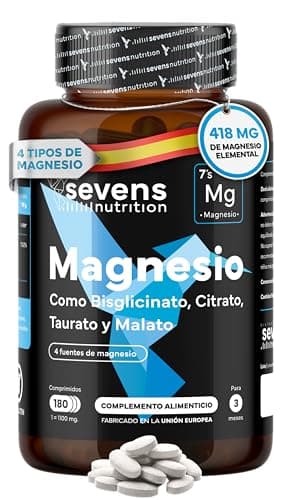 Magnesio Complex 4 en 1 - Citrato, Bisglicinato Quelado, Malato y Taurato - Alta Biodisponibilidad - Energía y Función Muscular. Reduce Cansancio y Fatiga - 180 Comprimidos - Hecho en España - Sevens