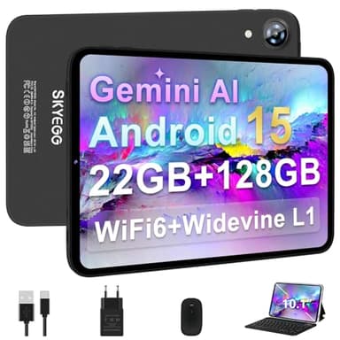 SKYEGG Tablet 10 Pulgadas Android 15 con Gemini AI, con Teclado y Ratón, 22GB RAM + 128GB ROM (Ampliable 2TB), WiFi 6, Widevine L1, Batería 6000mAh, Cuerpo Metálico – Gris