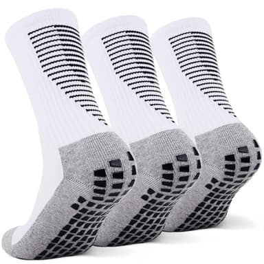 KEWUF 3 pares de calcetines deportivos antideslizantes, Calcetines de fútbol, Calcetines de fútbol para hombre, Calcetines de agarre, calcetines deportivos antideslizantes,39-46 - Blanco